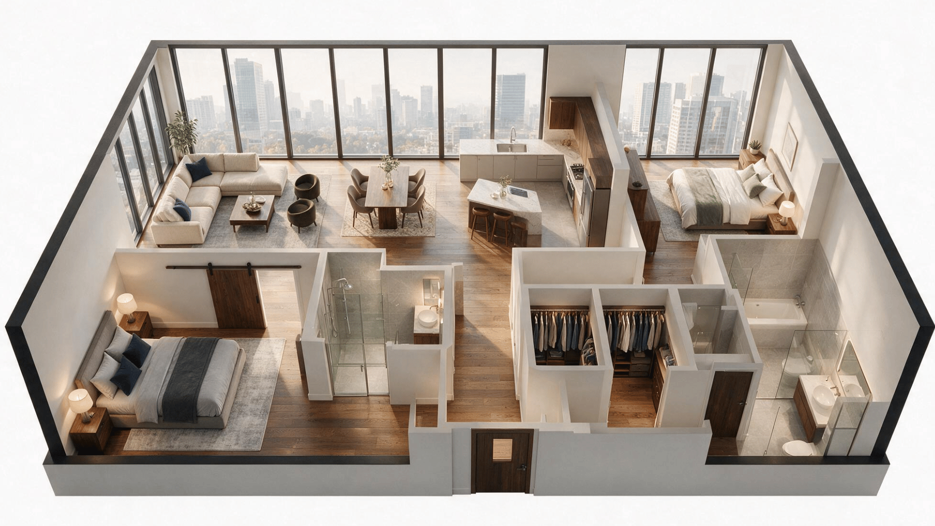 high rise 2 bedroom apartment layout with furnished rooms large windows and clear room arrangement