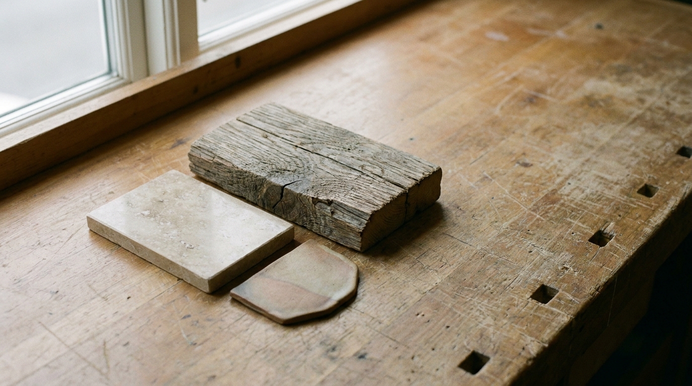 Wood block and tiles arranged on a wooden workbench near a window
