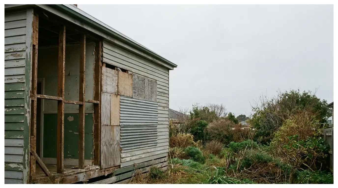Dilapidated wooden house with boarded windows in overgrown garden under cloudy sky