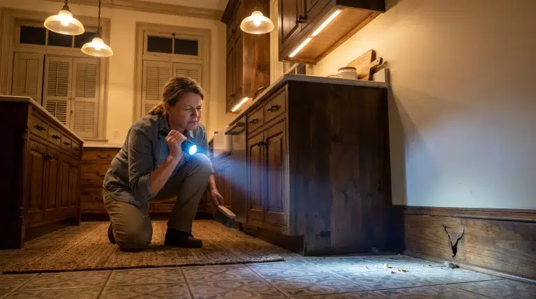 Woman inspecting crack in kitchen wall with flashlight at night