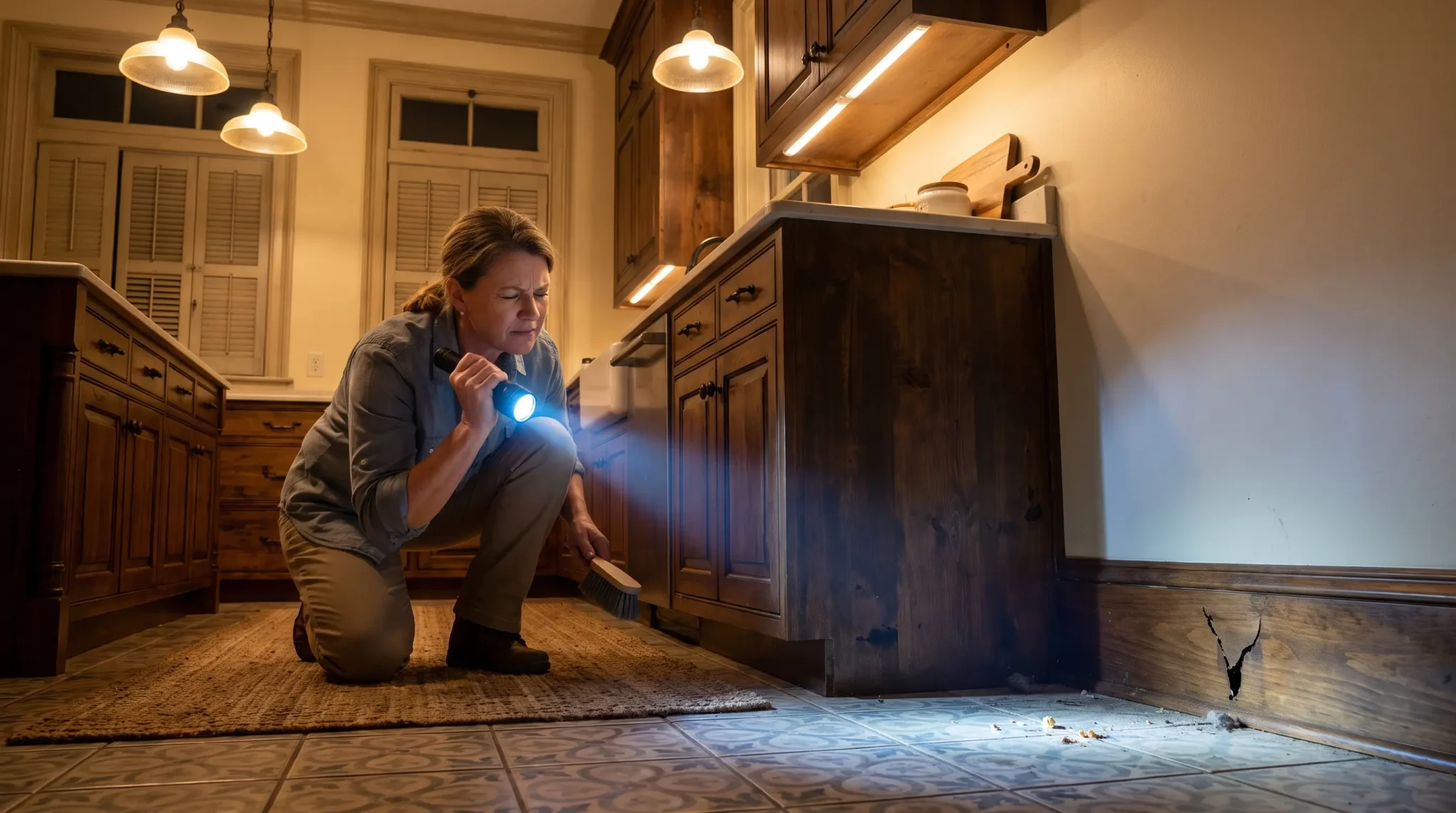 Woman inspecting crack in kitchen wall with flashlight at night