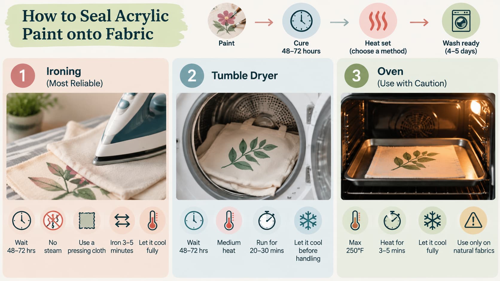 An infographic illustrating three methods for heat-setting and sealing acrylic paint on fabric: ironing, tumble drying, and using an oven.