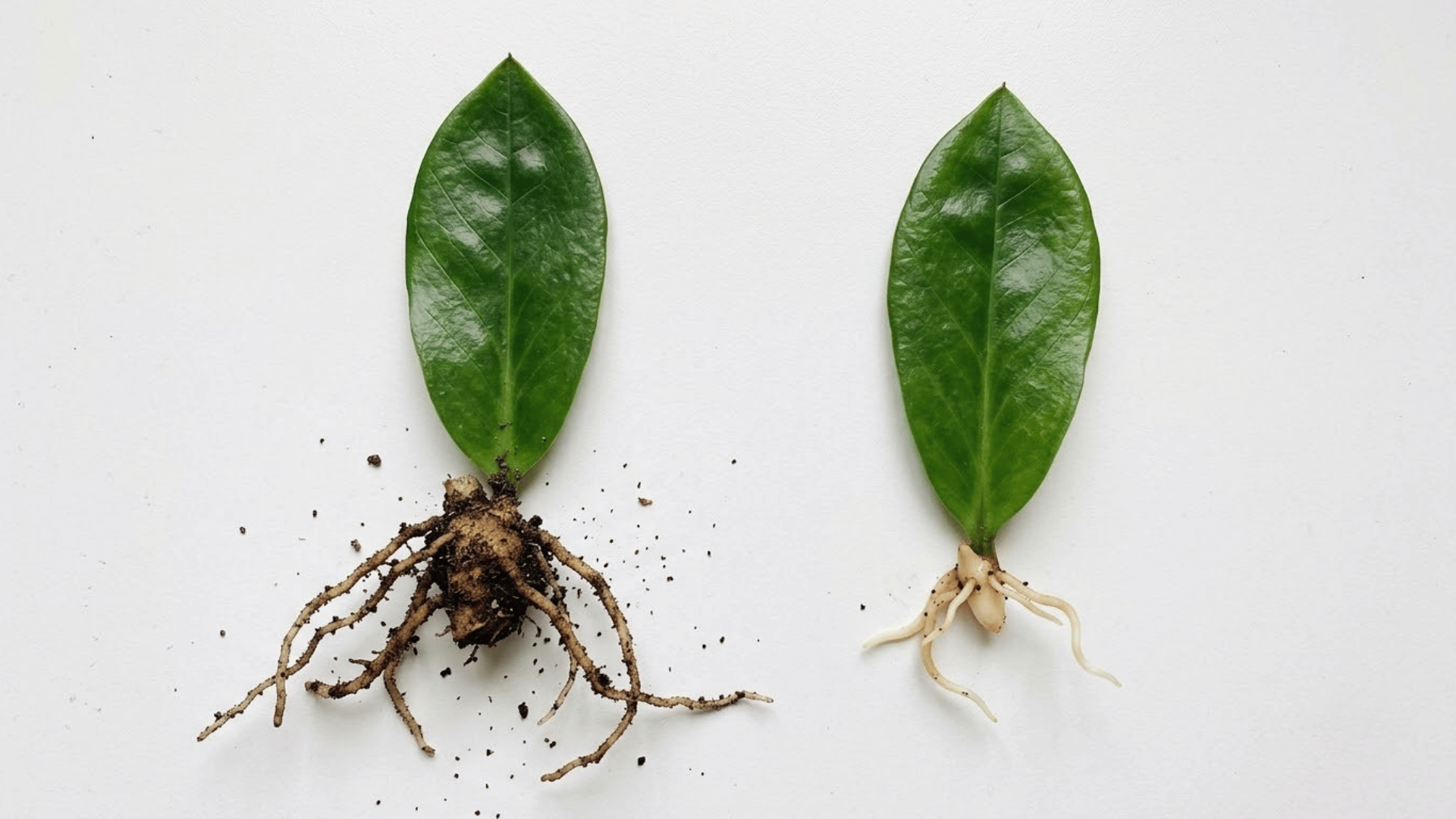 two zz plant leaf cuttings with developed brown and pale roots placed side by side on a white surface