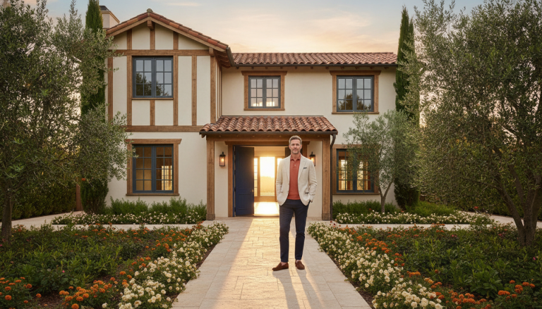 Man in beige jacket standing on pathway outside Mediterranean-style house with garden and sunset lighting