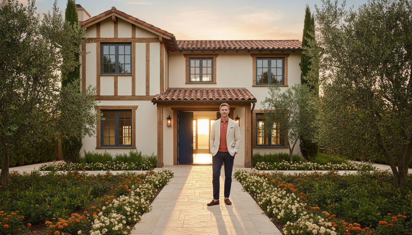 Man in beige jacket standing on pathway outside Mediterranean-style house with garden and sunset lighting