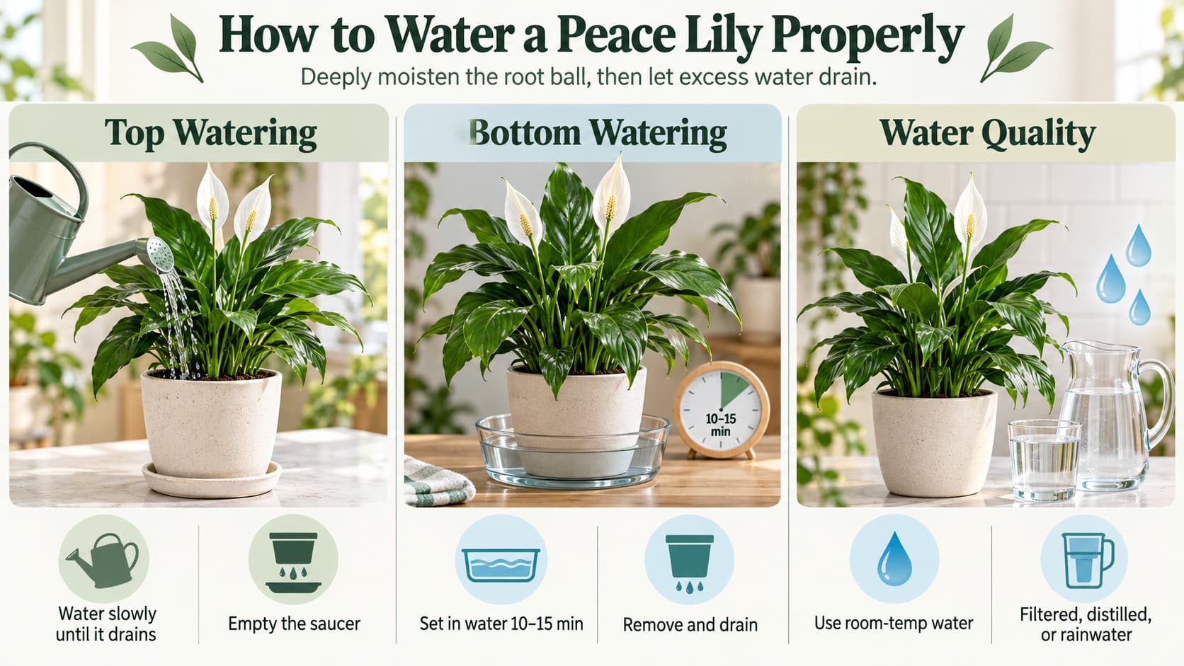 A three-panel infographic illustrating top watering, bottom watering, and water quality care steps for a peace lily.