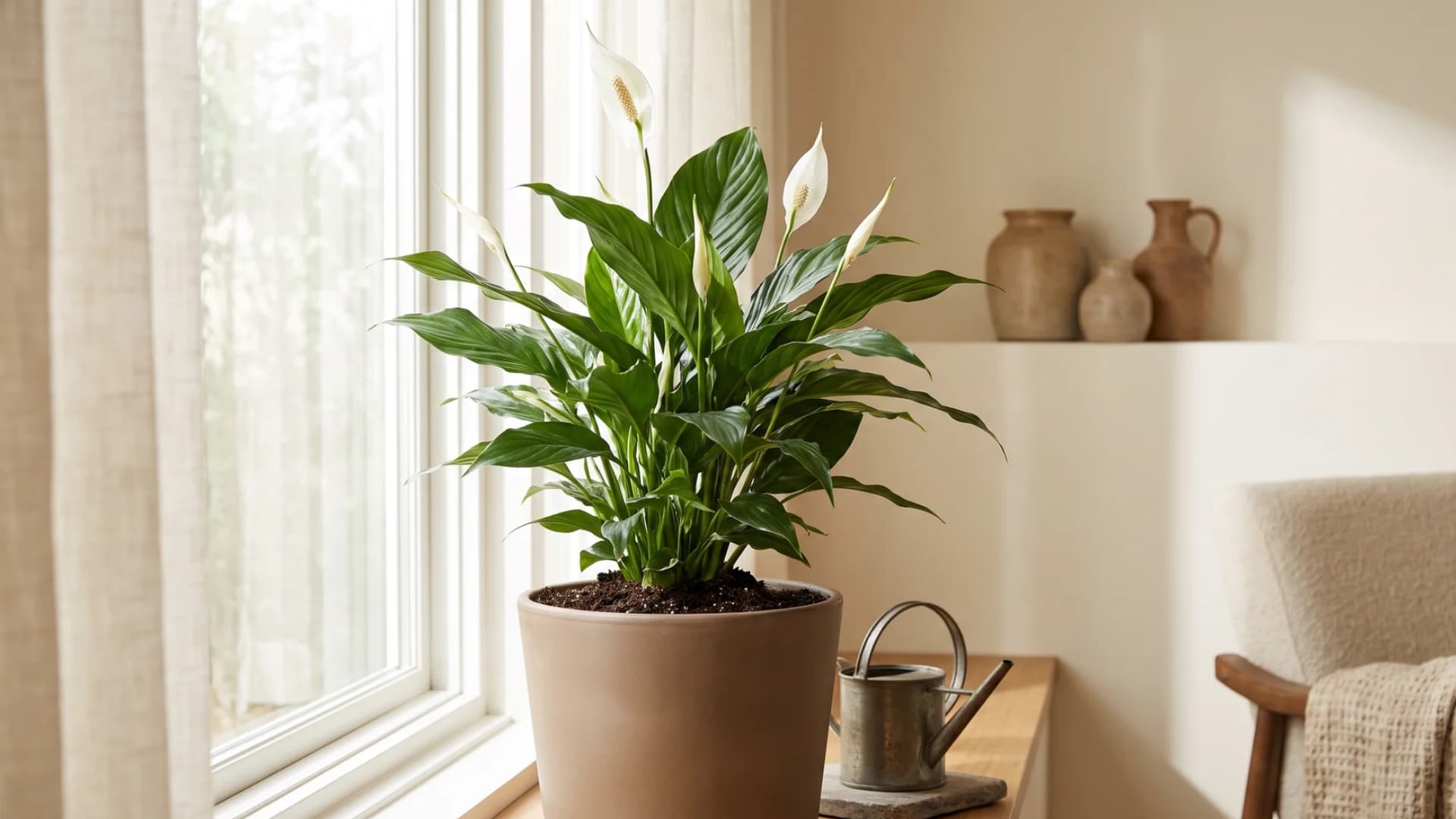A peace lily with lush green leaves and white blooms sitting on a wooden stool near a sunlit window next to a metallic watering can.