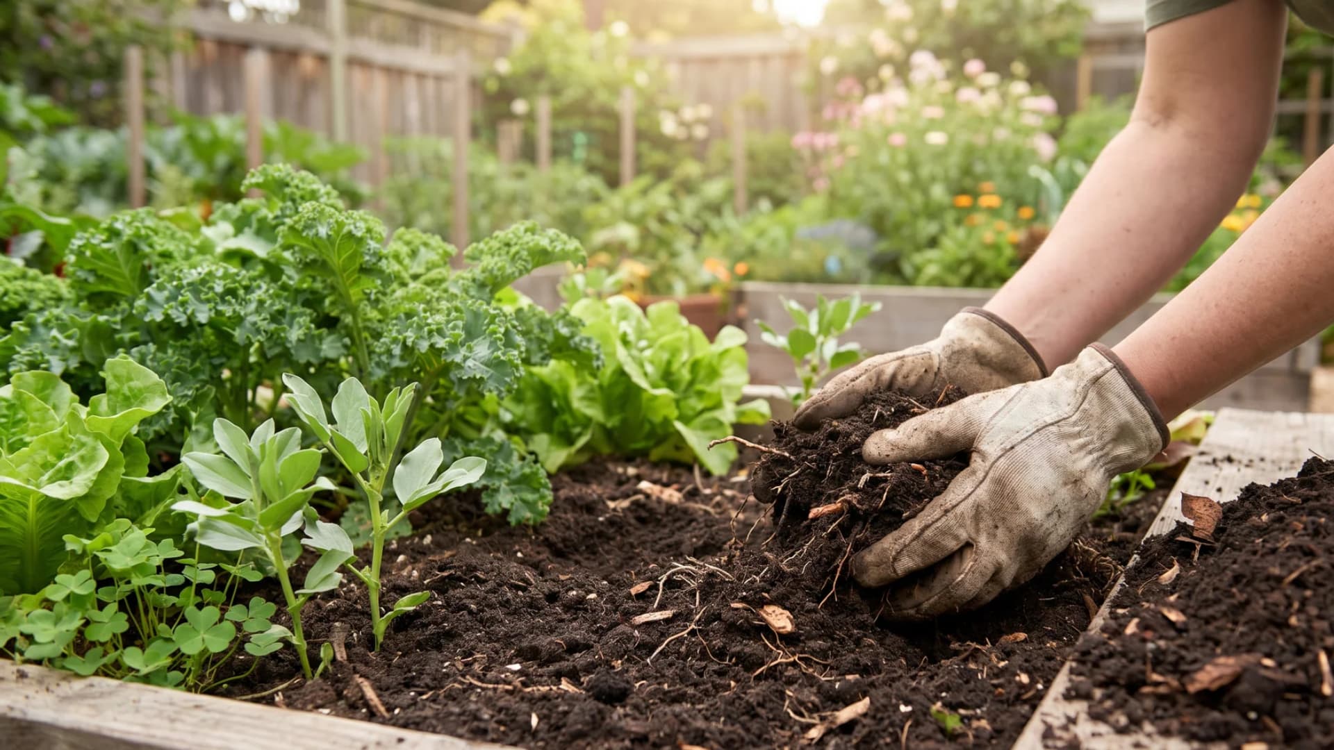 Gardener hands mixing rich organic compost into a raised garden bed