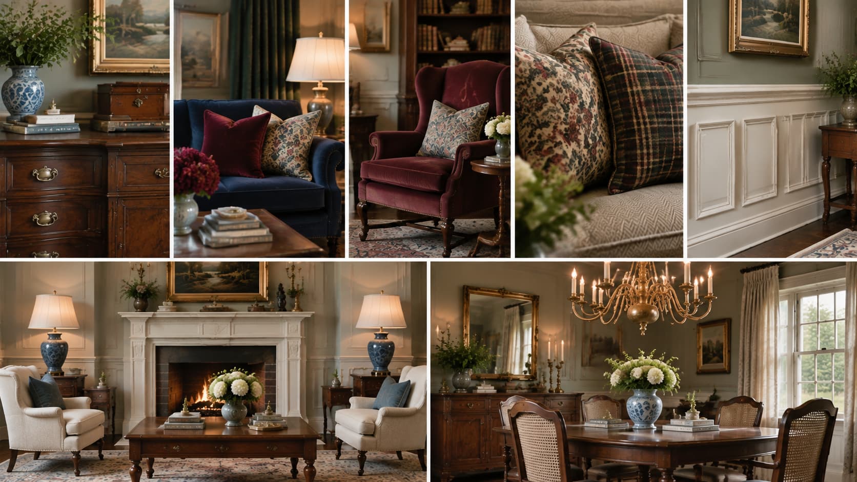 Traditional living room layout featuring symmetrical armchairs, layered pattern throw pillows, and warm accent lighting.