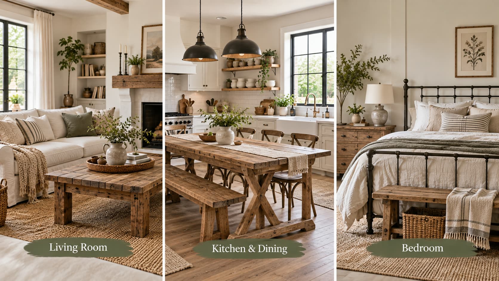 Three-panel photo showing farmhouse decor ideas for a living room, dining room, and bedroom