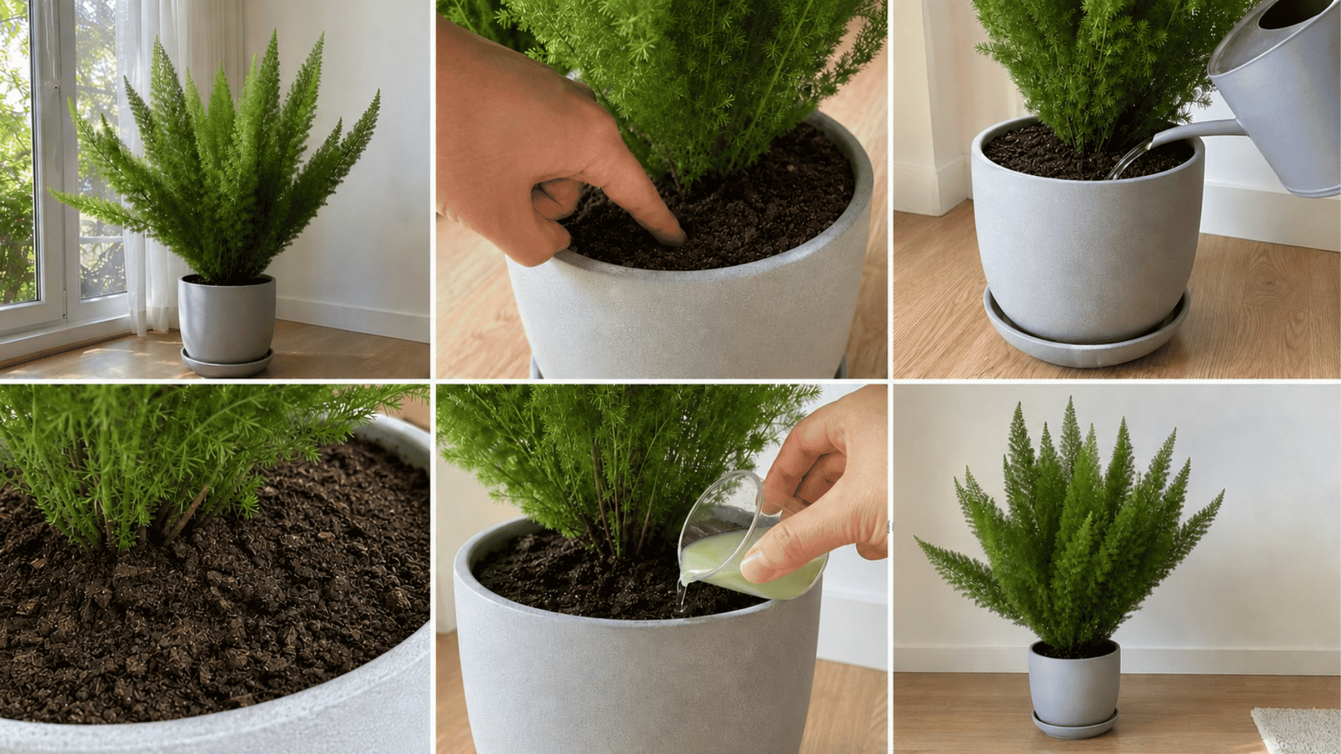 six steps showing indoor foxtail fern care: placement, soil check, watering, and fertilizing