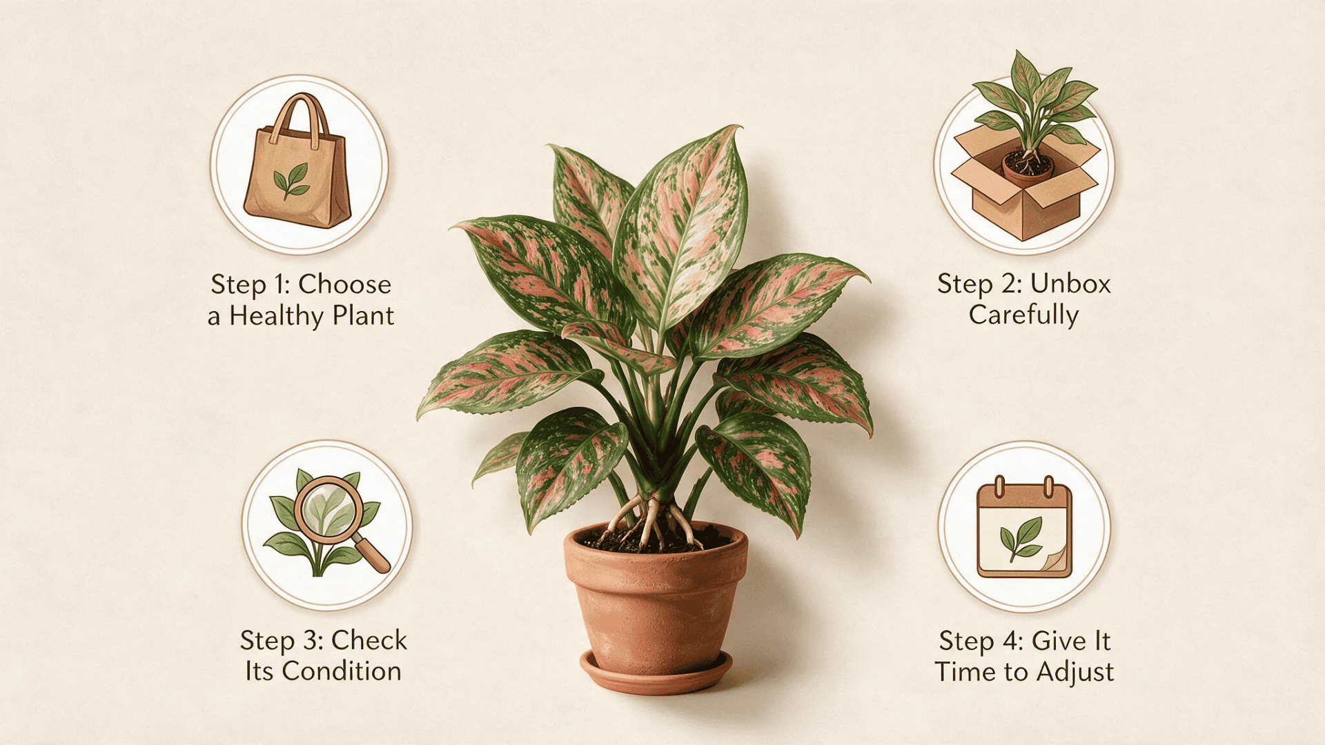 infographic showing 4 steps to care for a new aglaonema plant, from choosing a healthy plant to giving it time to adjust