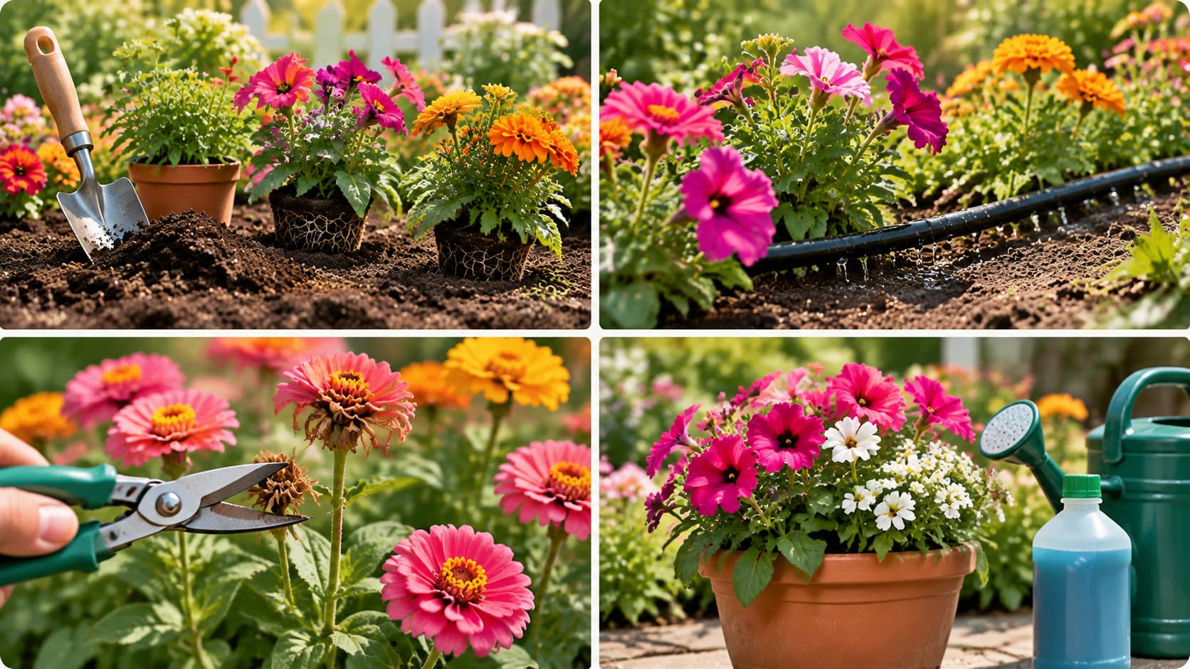 Care guide visual for planting, watering, and deadheading annual garden flowers.