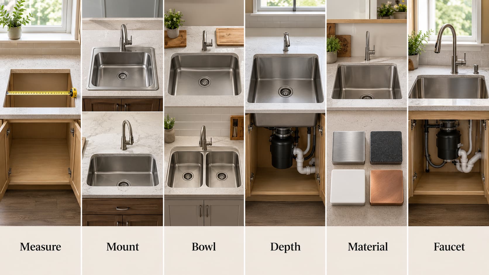 Modern kitchen setting illustrating countertop and cabinet layout for sink installation.