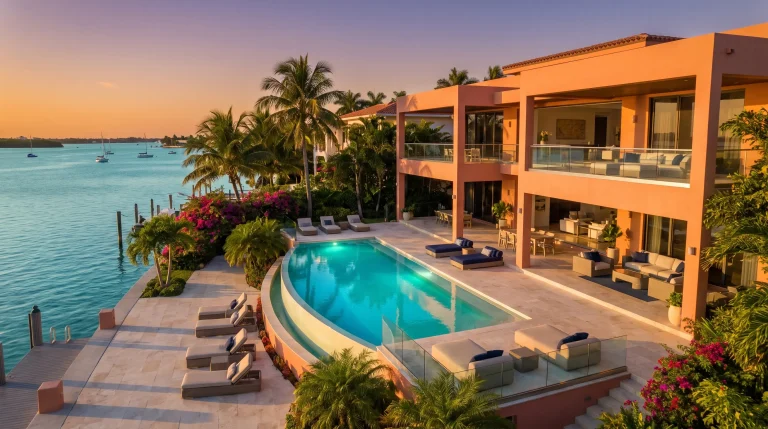 Luxury waterfront villa with pool and loungers overlooking calm ocean at sunset