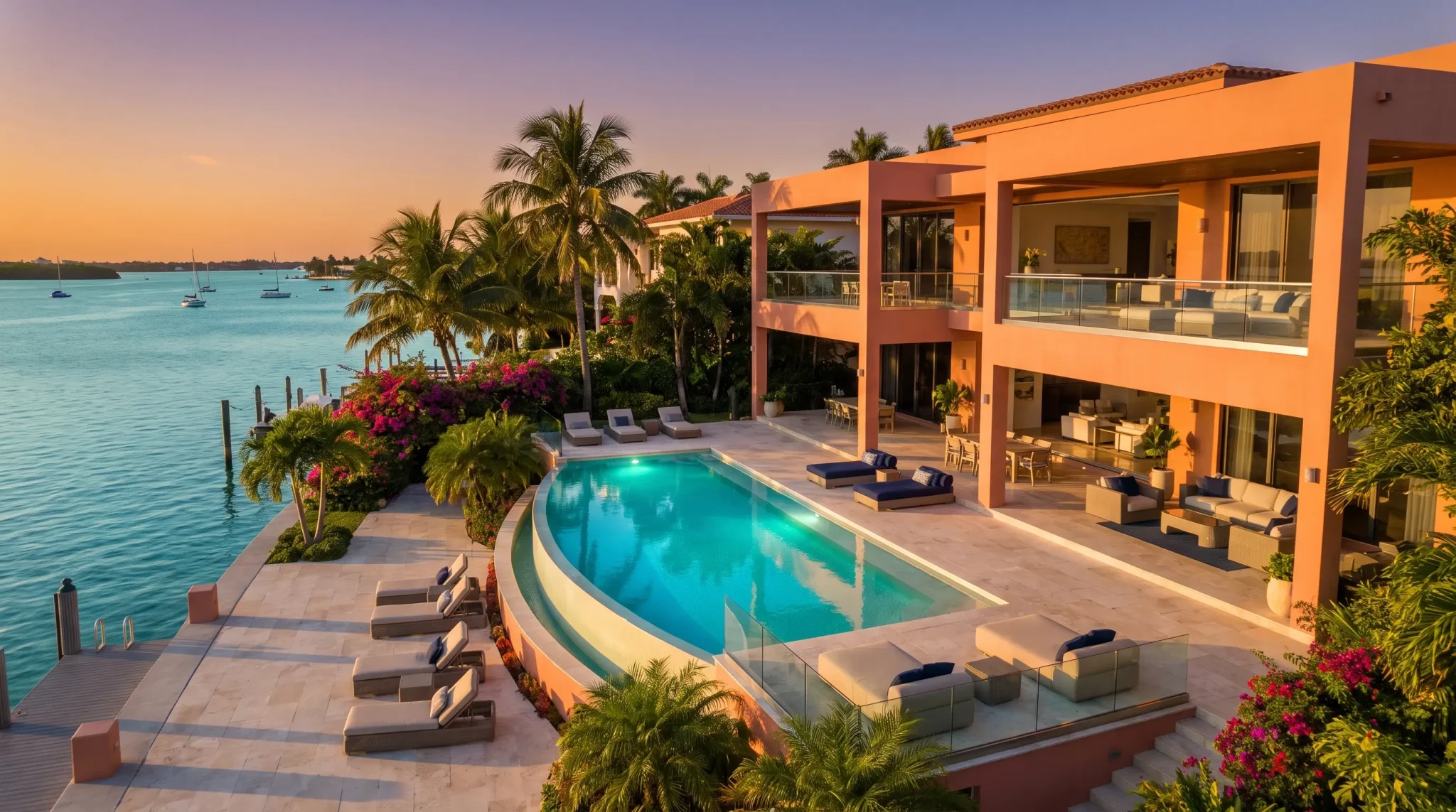 Luxury waterfront villa with pool and loungers overlooking calm ocean at sunset