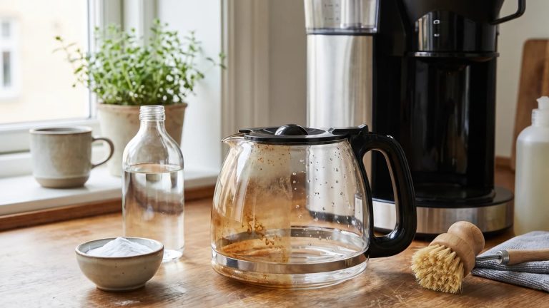 Glass coffee pot on a wooden kitchen counter surrounded by cleaning supplies, baking soda, a bottle of vinegar, and a scrub brush.