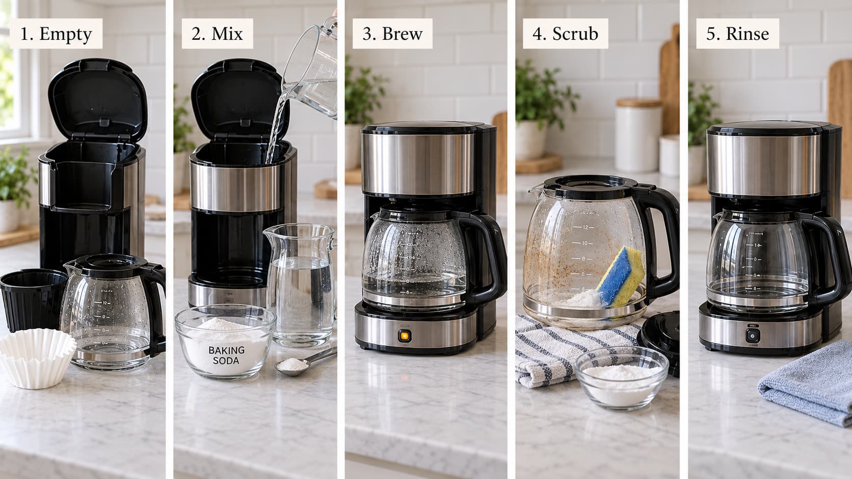 Baking soda being stirred into a warm water glass before pouring into a coffee machine.