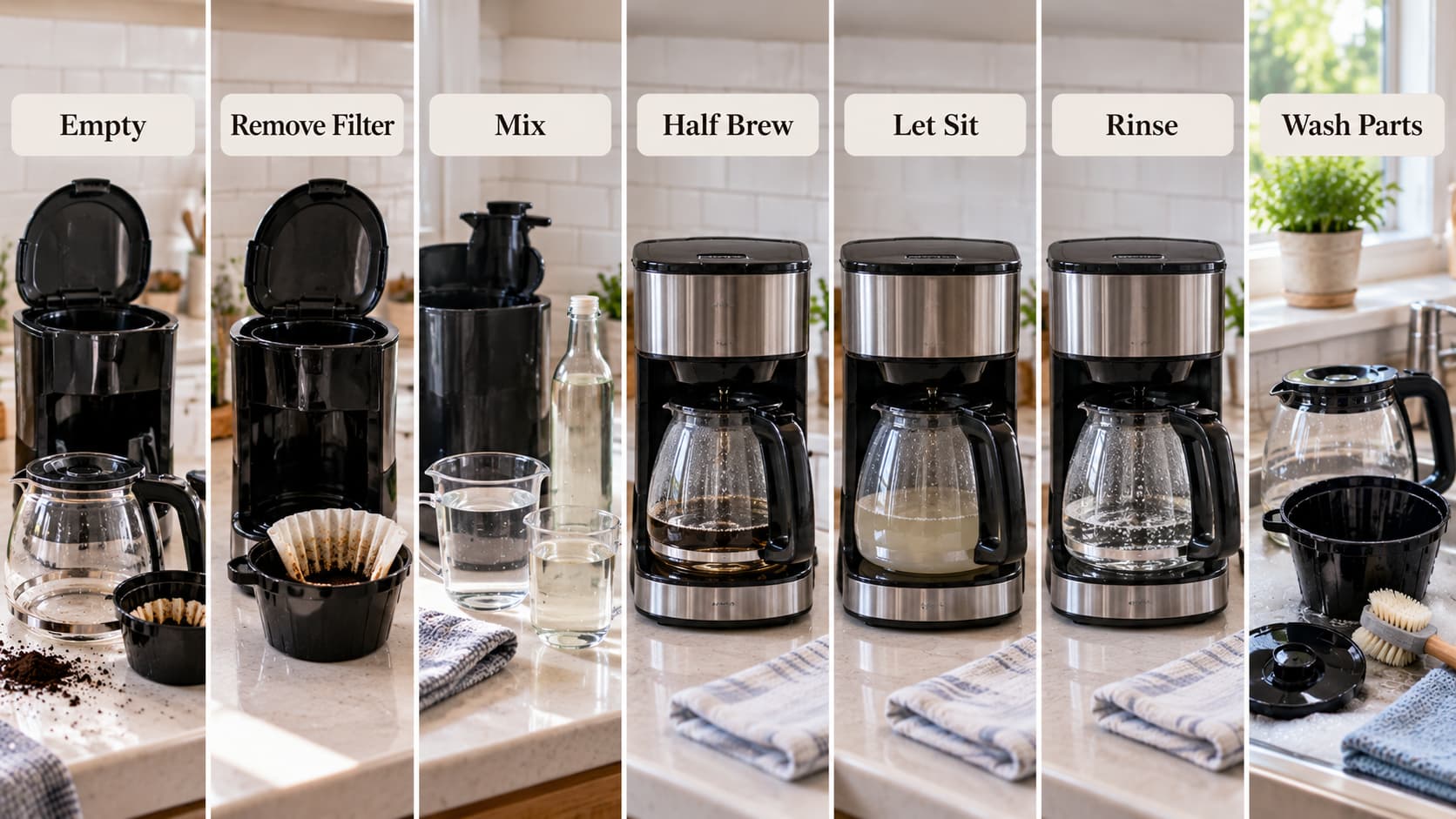 Step-by-step grid showing how to clean a drip coffee maker using a vinegar solution.