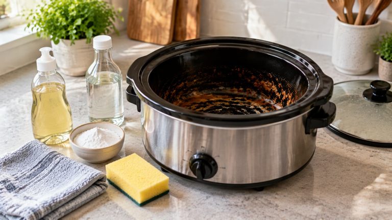 A dirty slow cooker with burnt-on food residue sitting on a kitchen counter alongside a yellow sponge, cleaning bottles, and a dish towel.