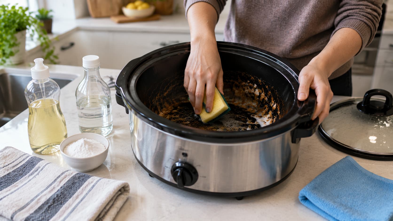 A person using a sponge to clean burnt food residue inside a ceramic slow cooker insert on a kitchen counter
