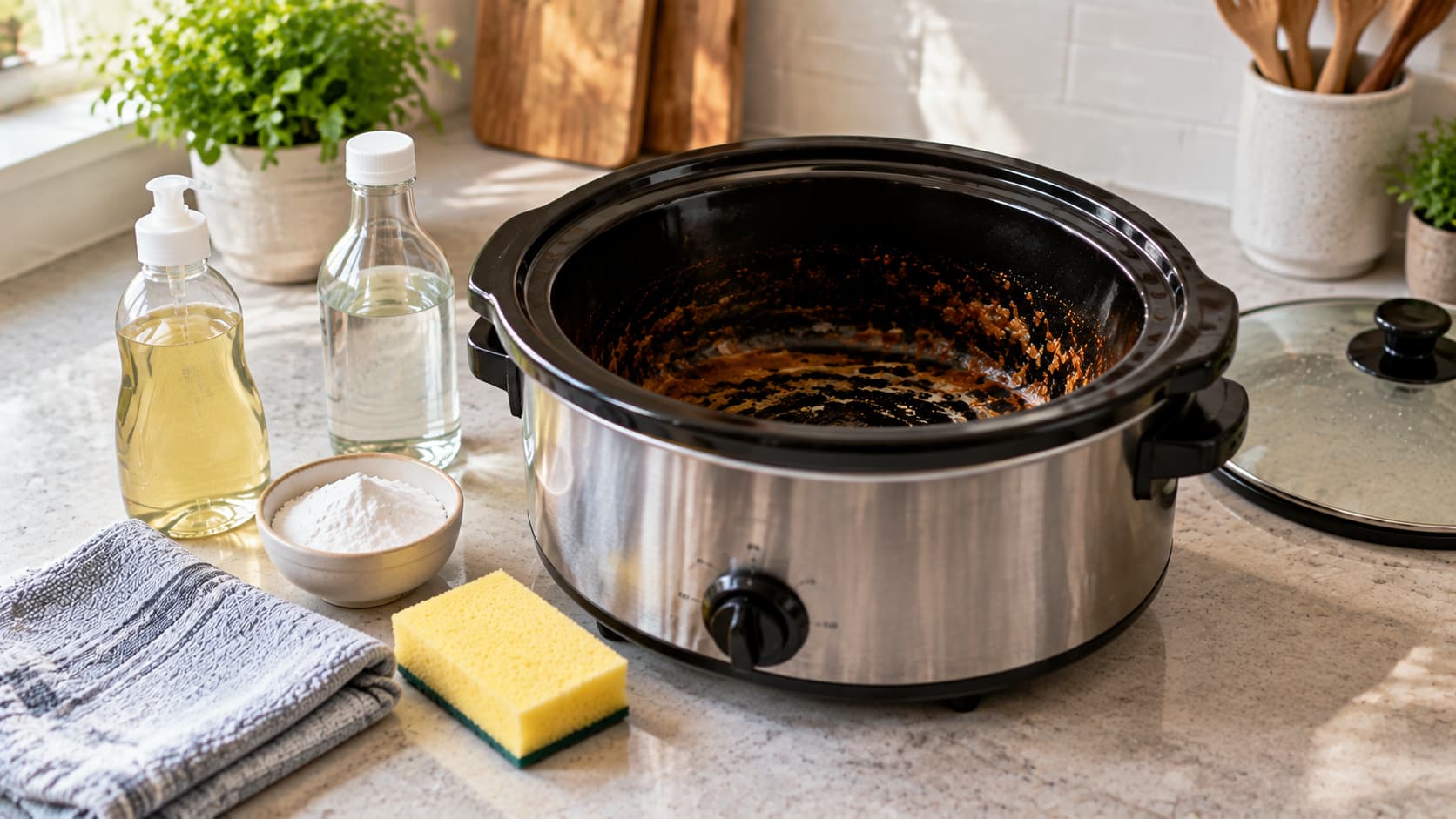A dirty slow cooker with burnt-on food residue sitting on a kitchen counter alongside a yellow sponge, cleaning bottles, and a dish towel.