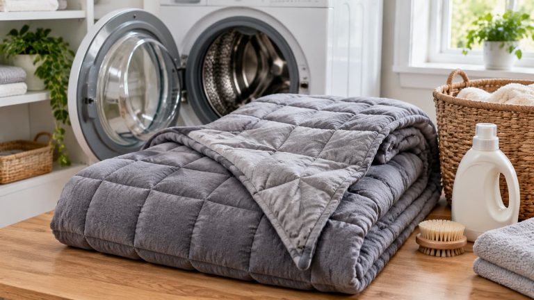 A folded grey weighted blanket sitting on a wooden floor in front of a washing machine next to a laundry basket and detergent.