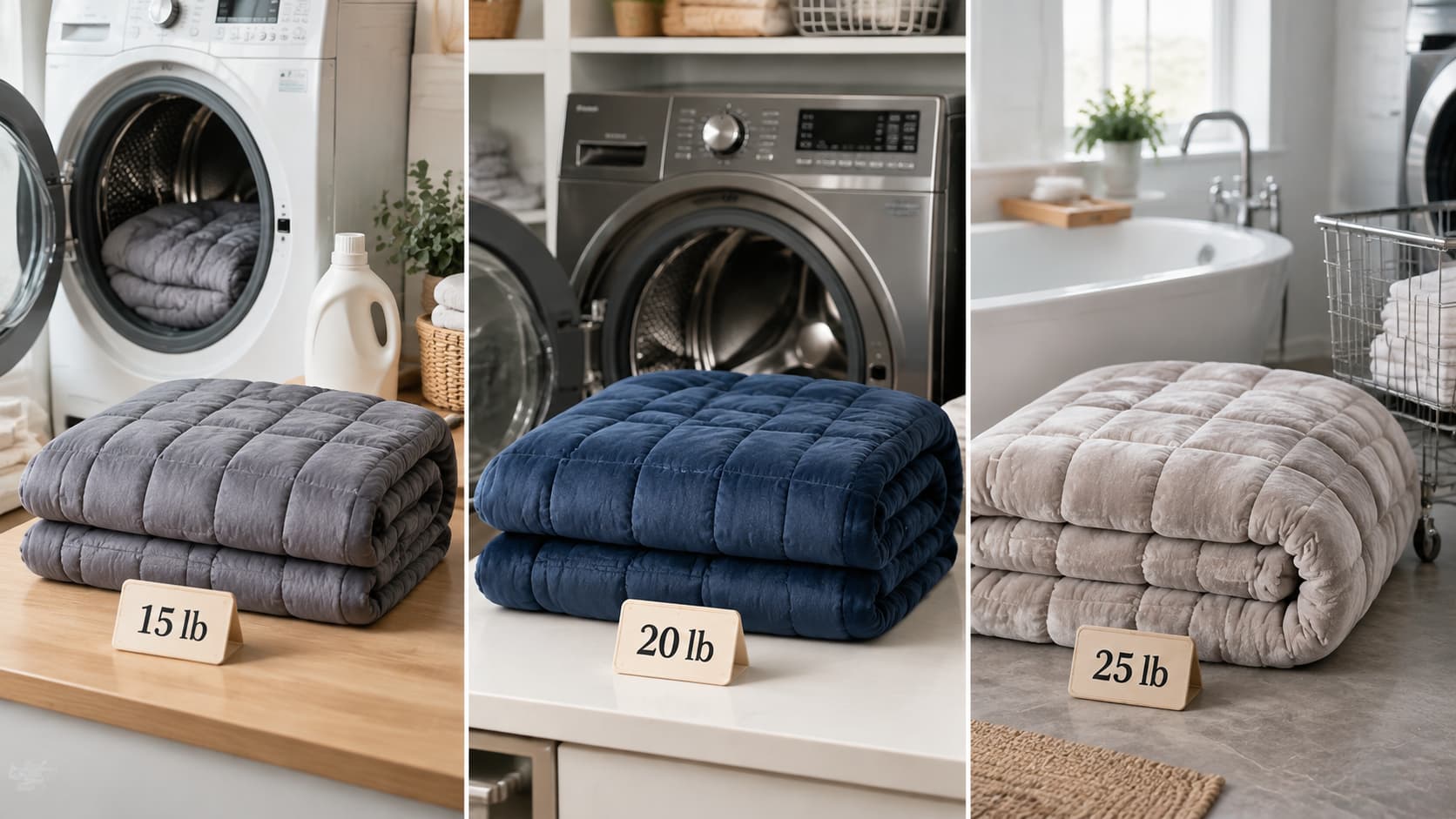 Collage showing three weighted blankets labeled 15 lb, 20 lb, and 25 lb placed in front of washing machines and a bathtub.