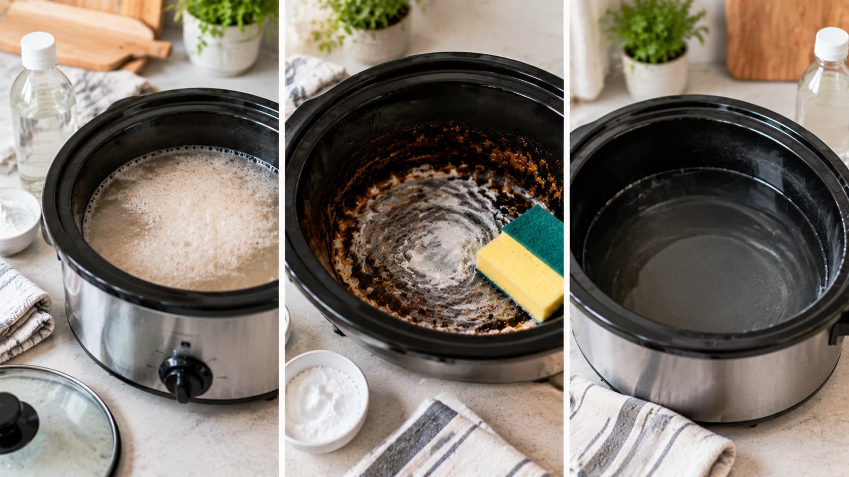 Close-up of a slow cooker insert soaking in a baking soda and vinegar cleaning solution.