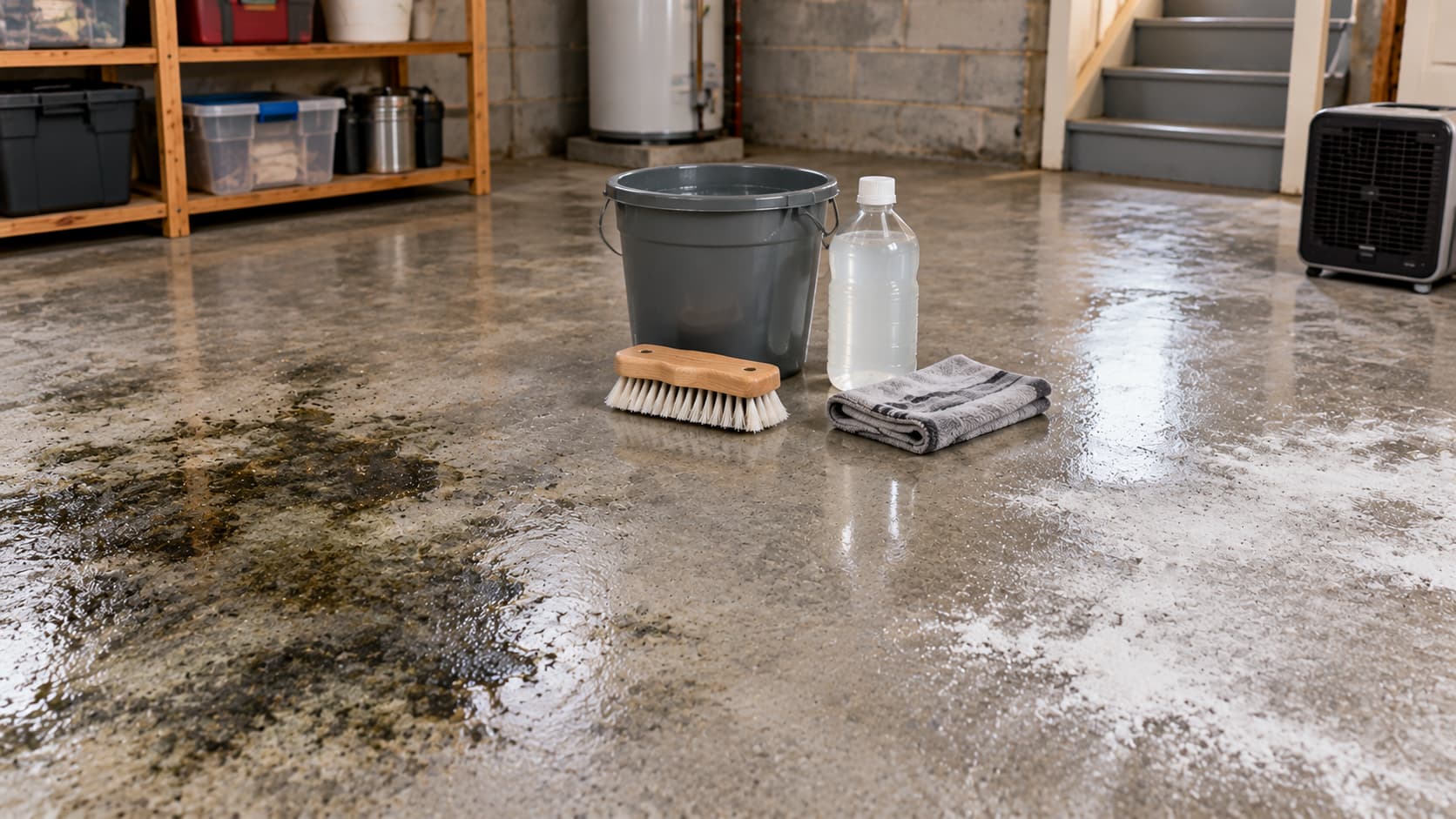 Cleaning mold and mineral deposits off a basement concrete floor using a stiff brush.