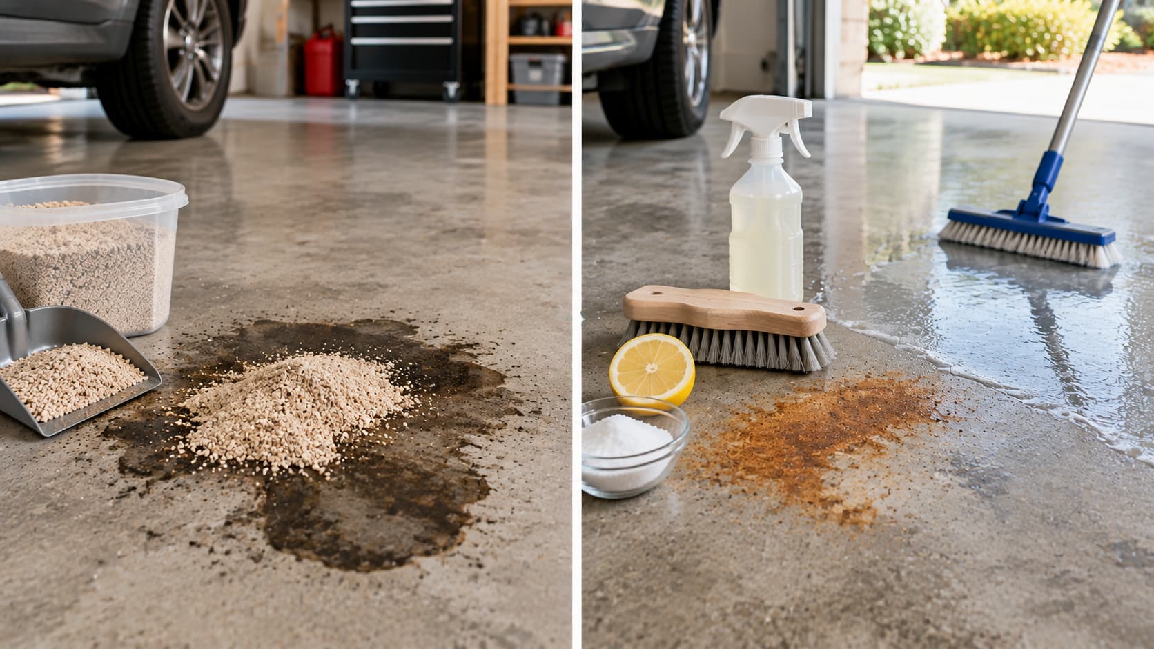 A garage concrete floor being swept and cleaned to remove oil stains and dirt.
