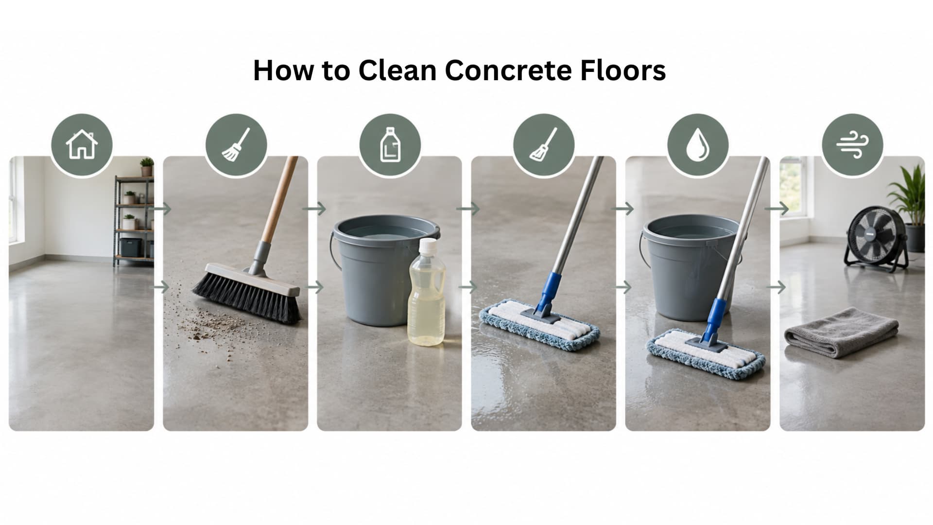 Step-by-step pictorial guide showing how to sweep, mix cleaner, mop, rinse, and dry a concrete floor.