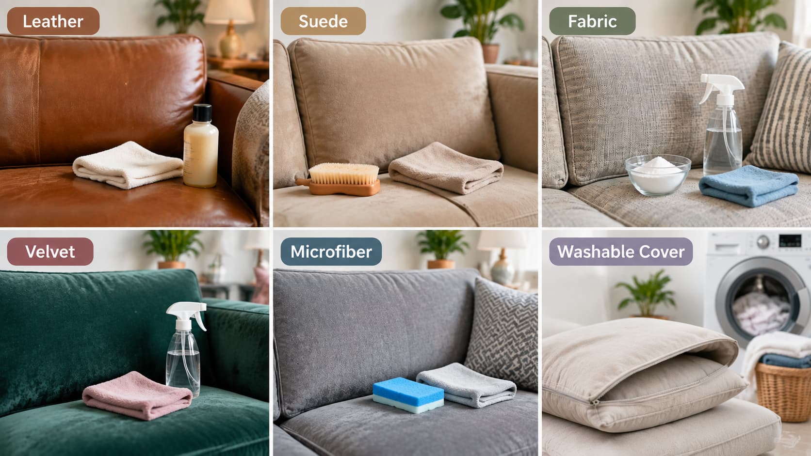A grid of six images illustrating cleaning methods for different couch materials: Leather, Suede, Fabric, Velvet, Microfiber, and Washable Cover.