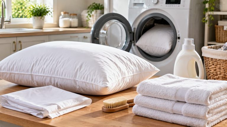 Clean white pillows and folded bath towels sitting on a wooden counter next to laundry detergent and a washing machine.