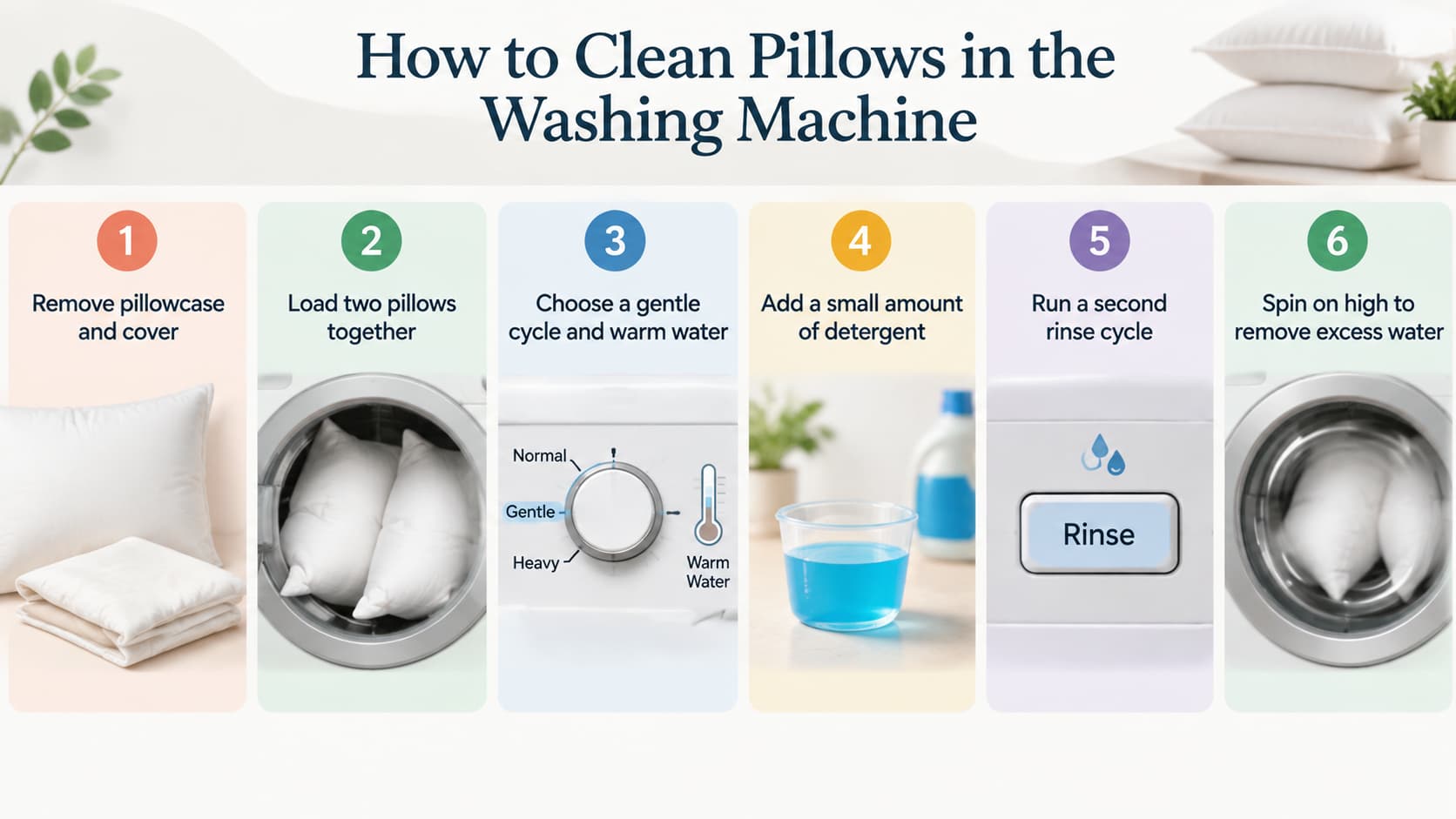 Infographic showing six steps for washing pillows in a washing machine.
