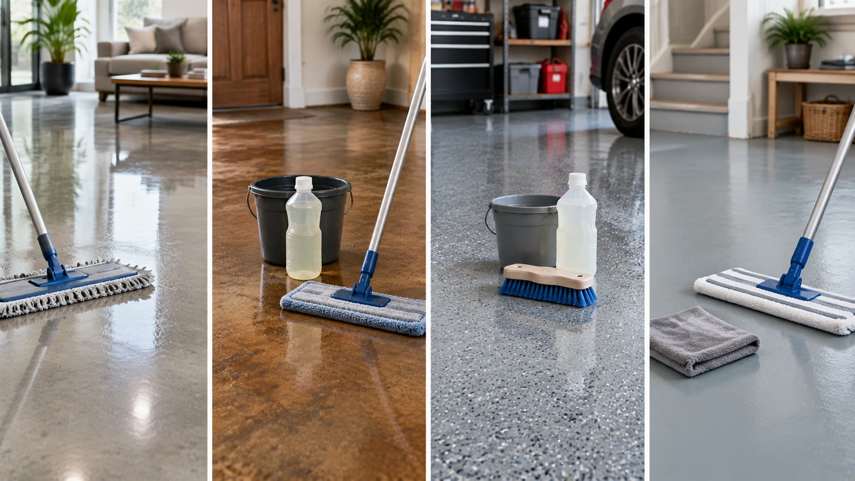 A collage showing four types of finished concrete floors being cleaned: polished, stained, garage epoxy, and painted surfaces.