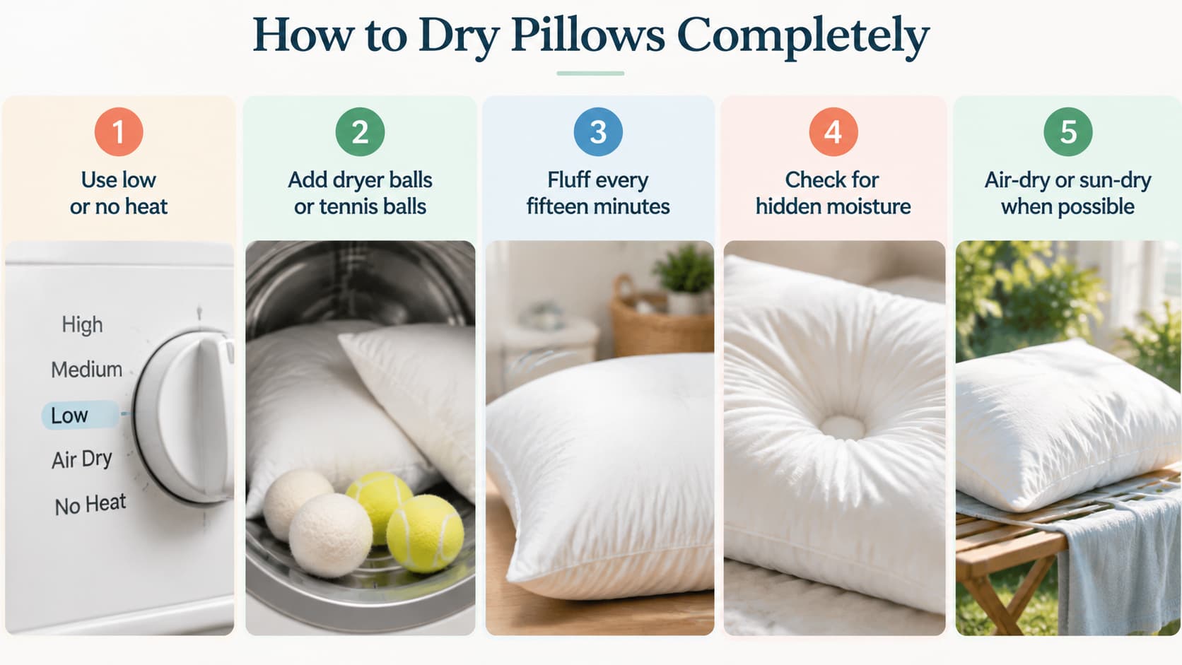 Infographic titled "How to Dry Pillows Completely" detailing a 5-step drying process.