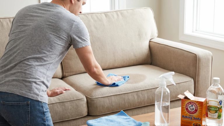 Man cleaning a light-colored couch using a spray bottle, rag, vinegar, and baking soda