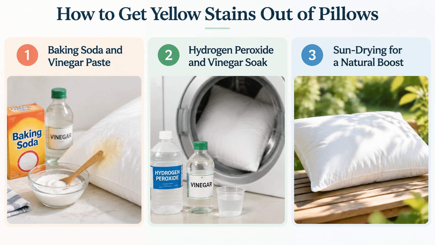 Infographic titled "How to Get Yellow Stains Out of Pillows" highlighting three cleaning methods.