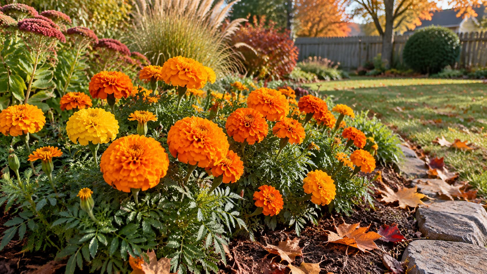 Orange and yellow marigolds blooming in a sunny autumn garden bed.