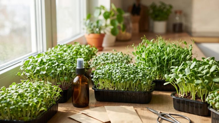 Fresh microgreens growing in black plastic trays on a wooden table near a bright, sunlit window next to a spray bottle.