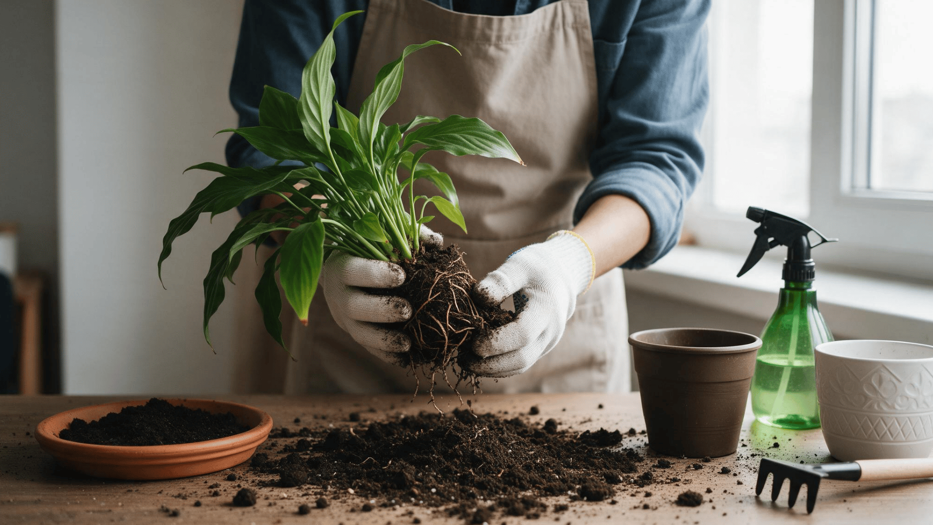 person holding a peace lily with exposed roots while preparing to repot it with fresh soil and containers