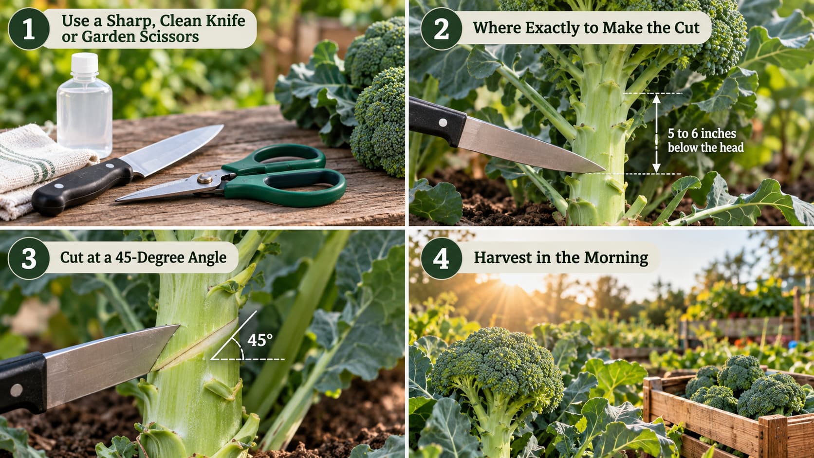A 4-step visual guide showing tools, cut placement, angle, and timing for harvesting broccoli correctly.