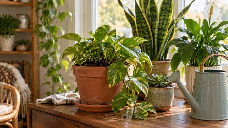 Potted houseplants including pothos and snake plant on a sunlit wooden table next to a watering can.