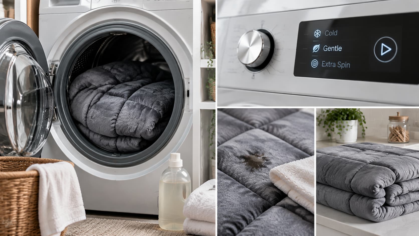 Collage showing a weighted blanket inside a front-load washing machine, control settings, and pre-treating a spot stain.