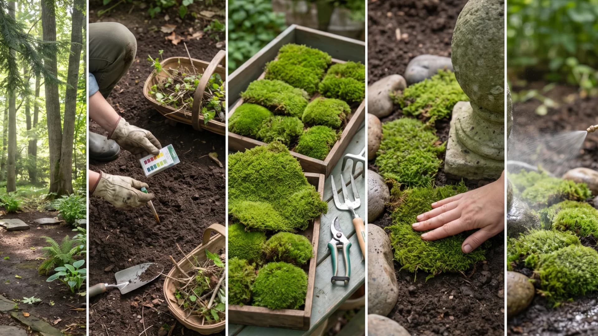 Step-by-step grid showing how to prepare soil, lay moss sheets, press down, and water a new moss garden.