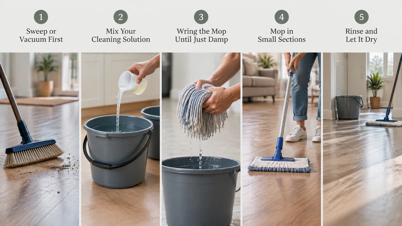 5-step guide showing how to mop a floor: sweeping, mixing solution, wringing mop, mopping, and drying.