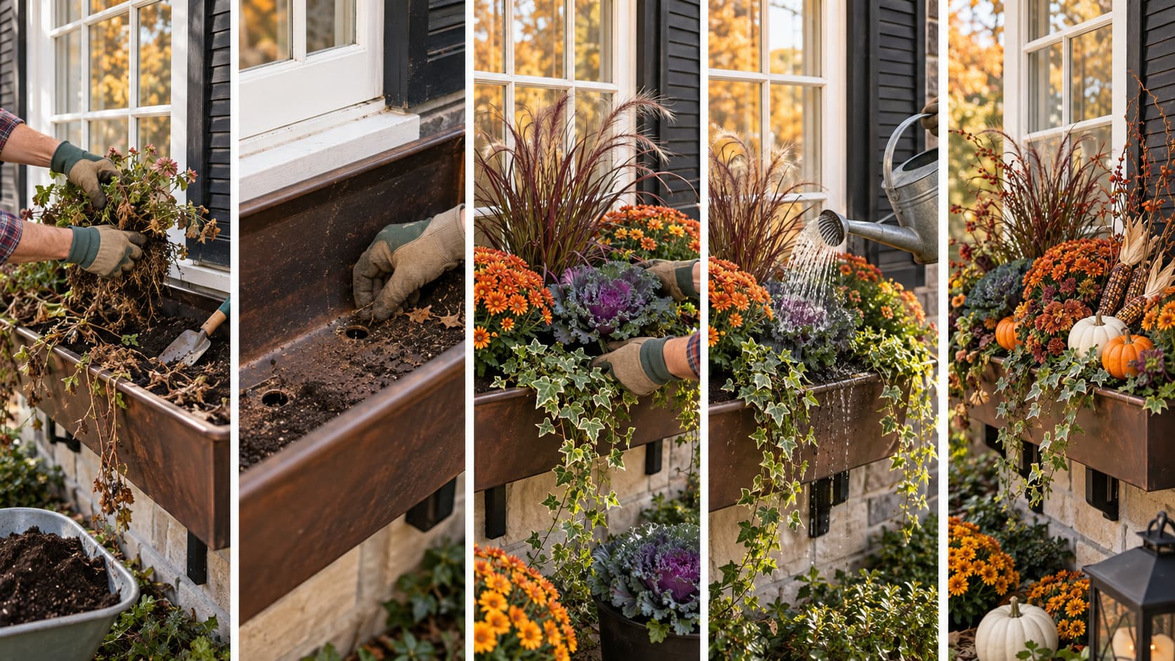 A five-panel collage showing five steps to plant a fall window box: clearing spent plants, prepping soil, arranging flowers, watering, and adding mini pumpkins.