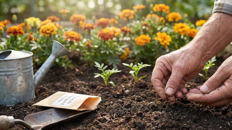 Hands planting marigold seeds into garden soil next to a seed packet, trowel, and watering can.