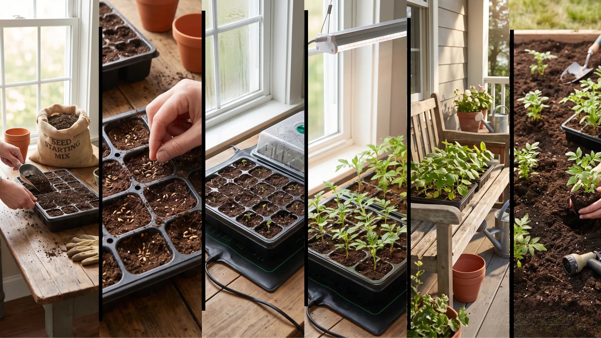 Five-panel collage showing outdoor marigold planting steps, from soil preparation and sowing to watering seedlings.